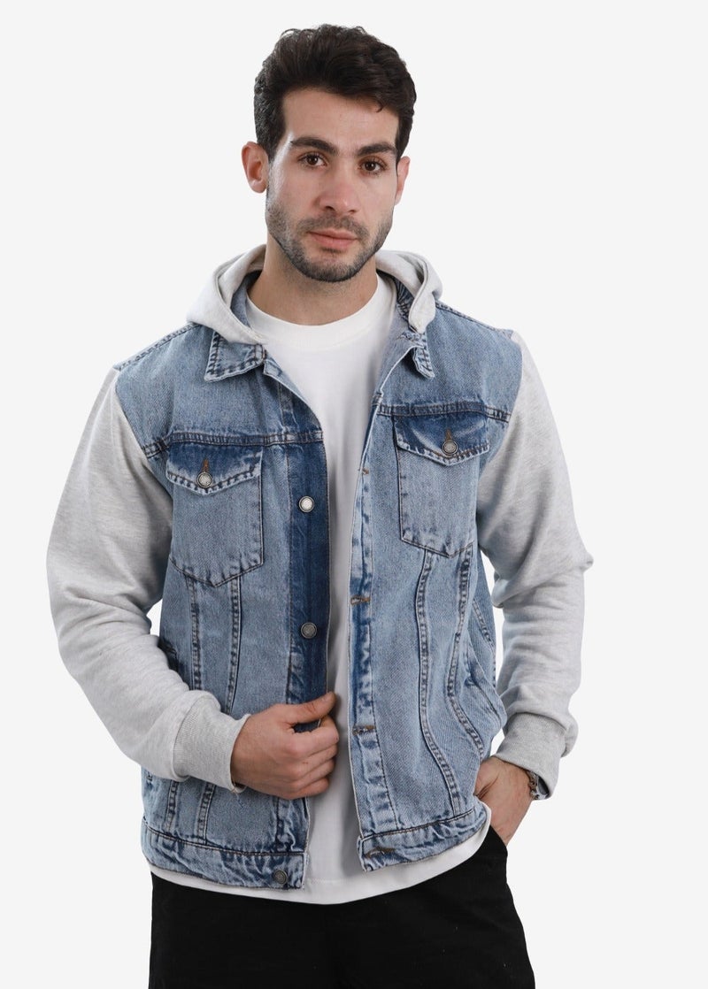 WHITE RABBIT Casual Plain Basic Long Sleeve Hooded Neck Denim Jacket - Image 1